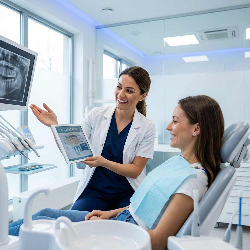 Dentista explicando tratamento para paciente